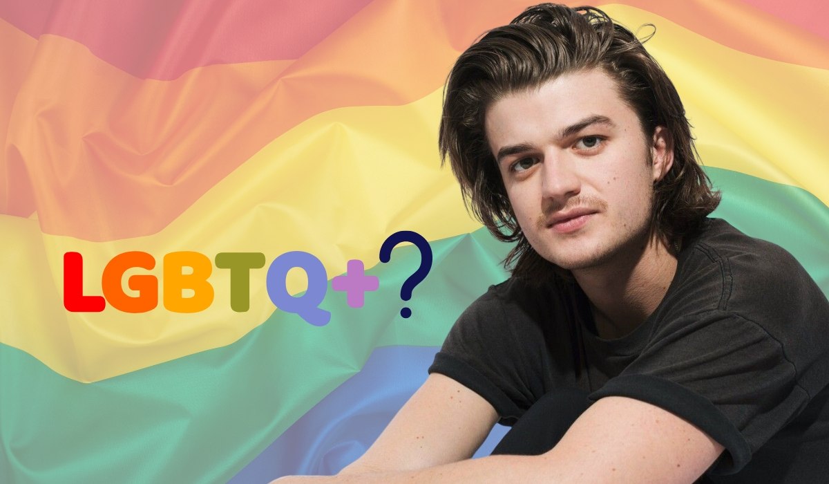 Portrait of Joe Keery seated in front of a rainbow flag background with the text “LGBTQ+?” displayed beside him
