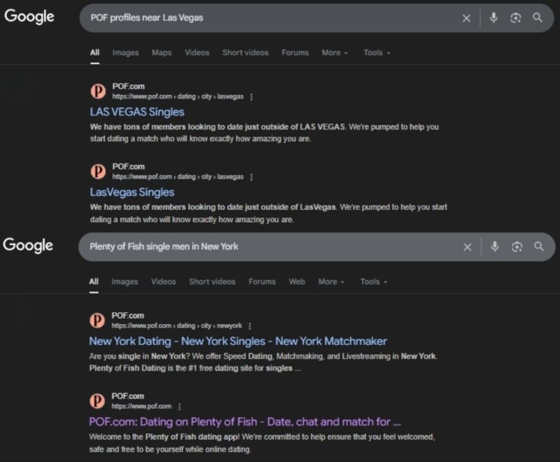 Google search results showing public Plenty of Fish listings for singles in different cities, demonstrating how to preview POF pages without an account