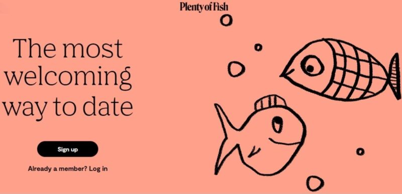 Homepage of the Plenty of Fish dating website showing welcome text and sign-up button, illustrating what users see before creating an account