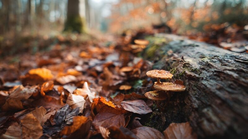 Mushrooms growing on a fallen log among autumn leaves in a forest, illustrating natural decomposition on the forest floor