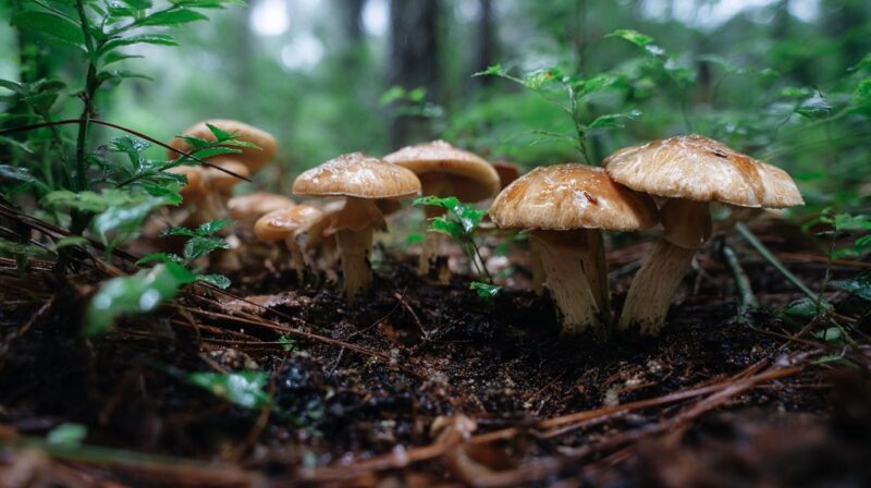 Group of brown mushrooms growing in damp soil surrounded by green plants, representing fungi’s role in maintaining healthy soil structure