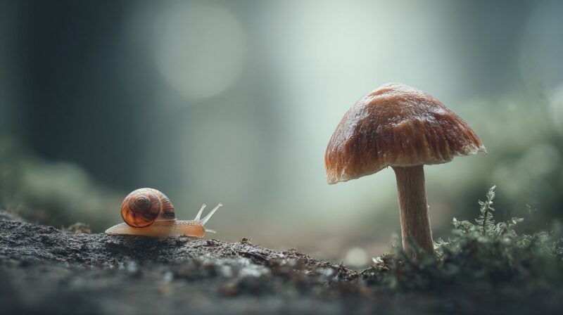 Close-up of a small snail beside a forest mushroom on moist ground, showing fungi as a food source in the woodland ecosystem