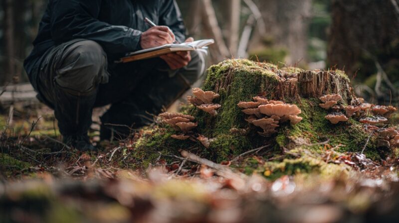 Field researcher taking notes near a moss-covered tree stump with wild mushrooms, observing fungal growth in a natural forest habitat