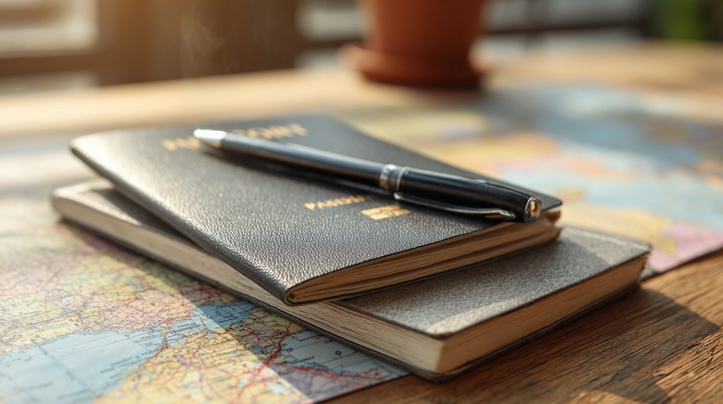 Two travel notebooks and a pen placed on top of a map on a wooden table