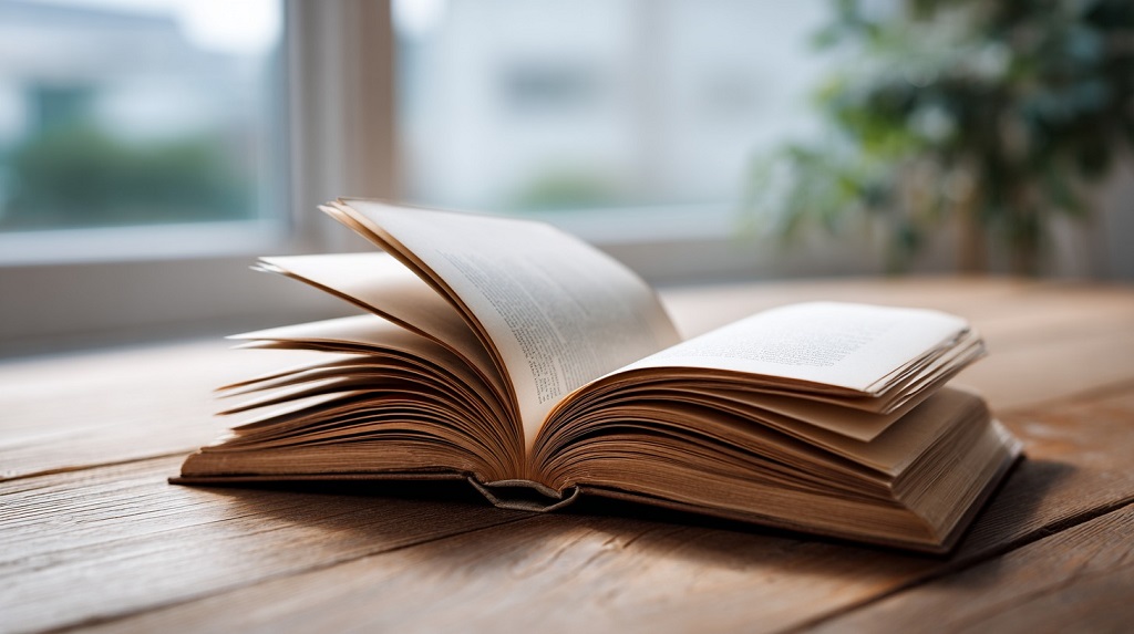 Open book lying on a wooden table near a window with natural light