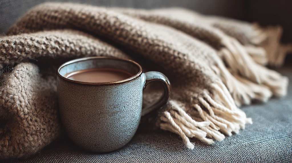Ceramic mug filled with hot drink next to a knit blanket on a couch