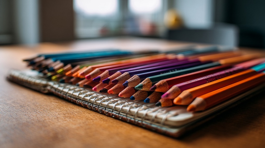 Colored pencils arranged on a spiral notebook on a wooden desk