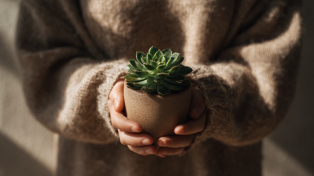 Person holding a small potted succulent plant in both hands indoors