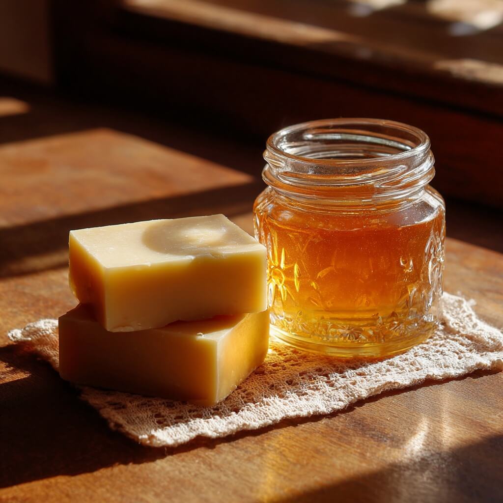 Glass jar of honey and handmade soap bars placed on a wooden surface