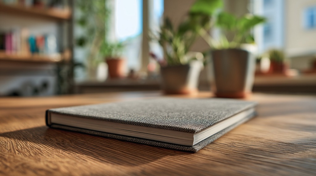 Closed fabric covered notebook placed on a wooden table with plants in the background