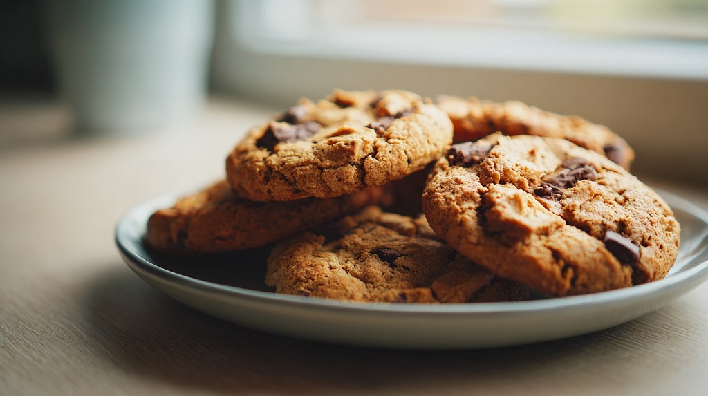 Plate of chocolate chip cookies on a table with soft natural light in the background