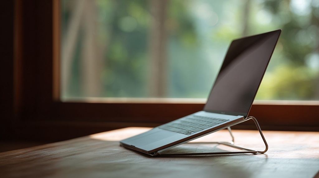 Laptop on a metal stand placed on a wooden desk near a window with natural daylight