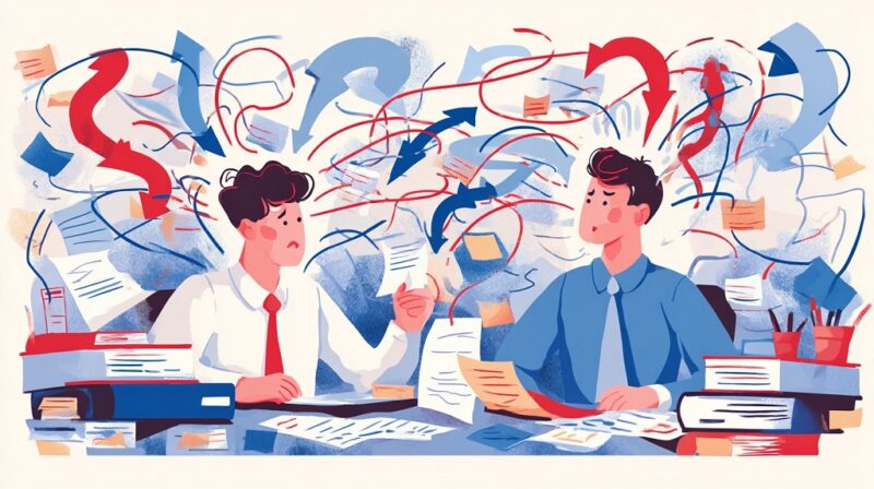 Illustration of two overwhelmed office workers buried in papers and arrows, representing inefficient workflows adding to business overhead