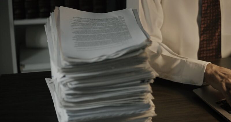 Large stack of paperwork next to a person working at a desk