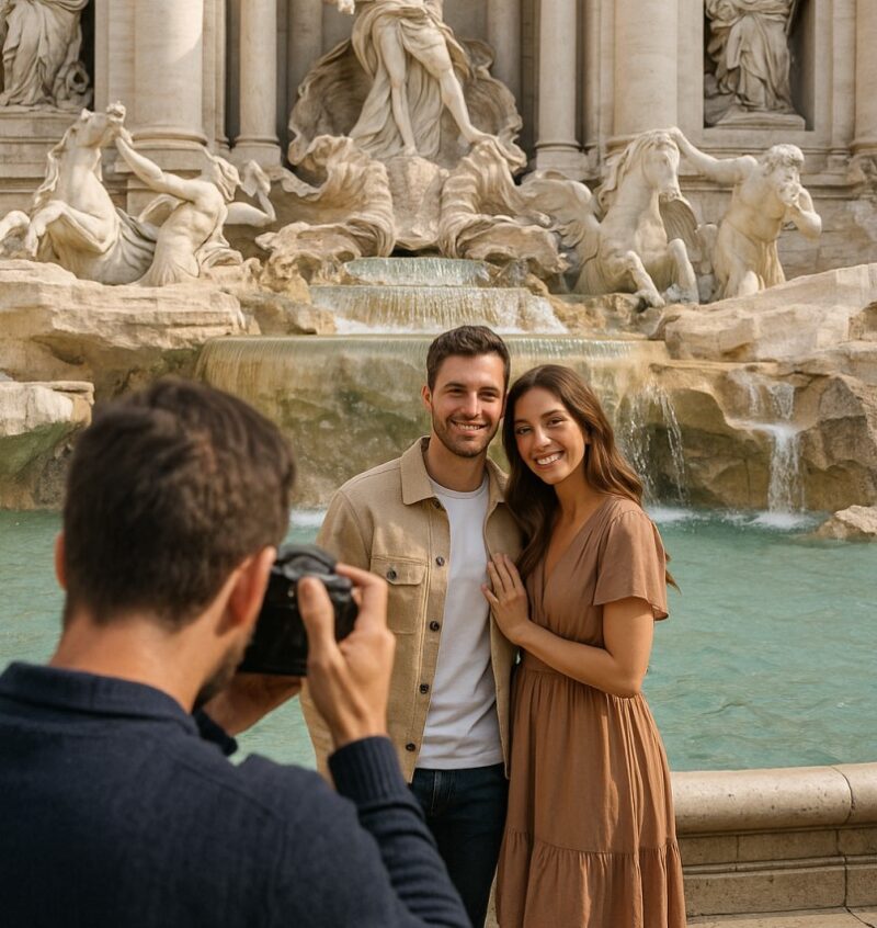 photographing a couple in front of the Trevi Fountain