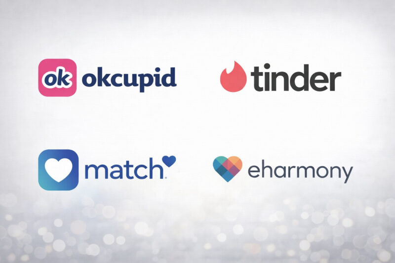 Logos of four popular dating apps, OkCupid, Tinder, Match, and eHarmony, displayed together on a clean background