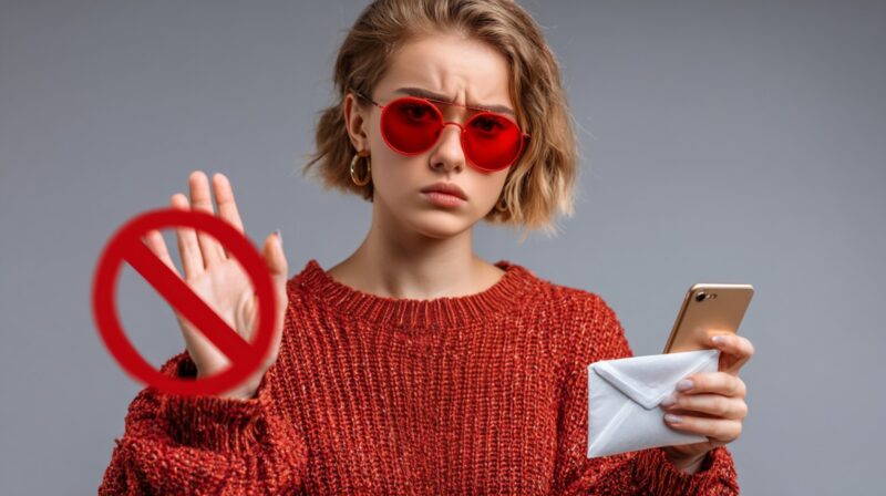 Person holding a phone and envelope while making a stop gesture toward spam messages