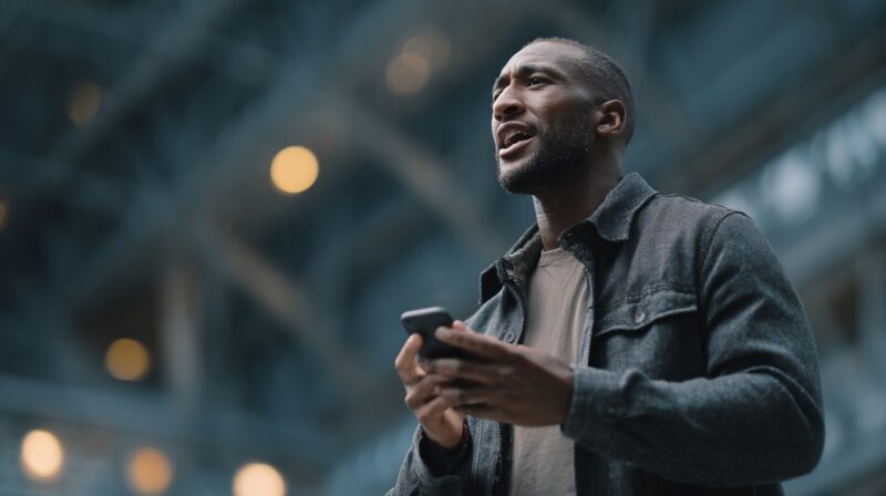 Person holding a smartphone in a public space while reacting to an unwanted call