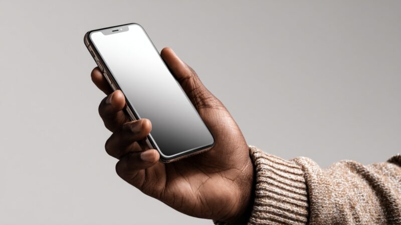 Hand holding a smartphone with a blank screen against a neutral background