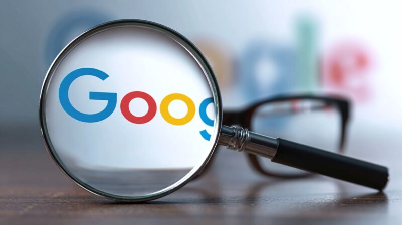 Magnifying glass focused on the Google logo with blurred background elements