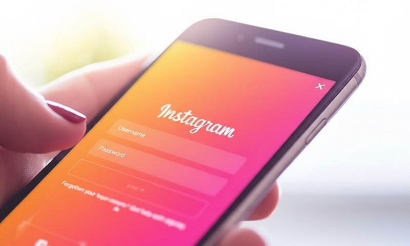 Female person holding phone in her left hand, looking at Instagram login screen