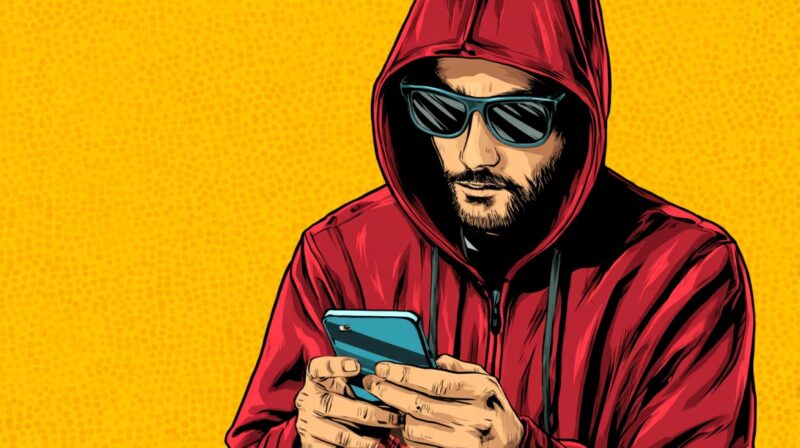 Stylized illustration of a hooded person wearing sunglasses and using a smartphone against a bright yellow background