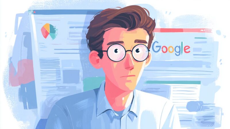 Illustration of a person looking concerned while viewing Google search result pages on a screen