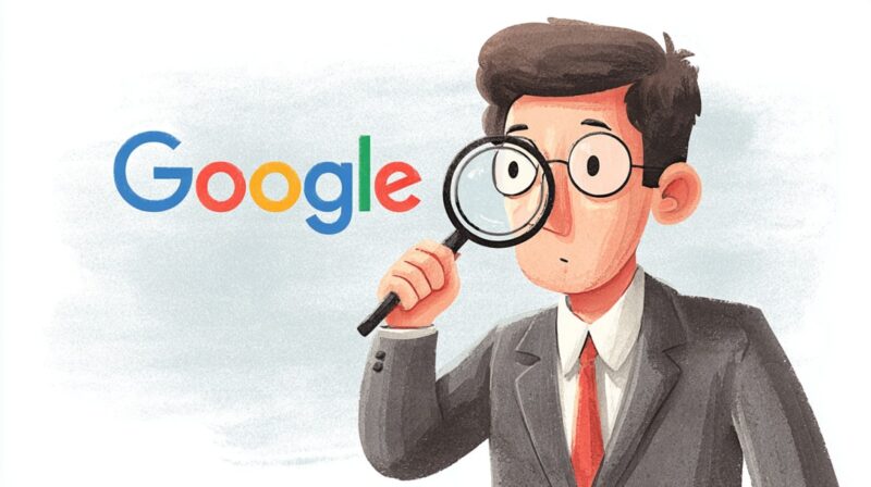 Illustration of a man holding a magnifying glass while looking toward the Google logo