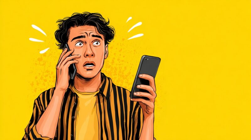 Illustrated man looking alarmed while holding two smartphones on a yellow background