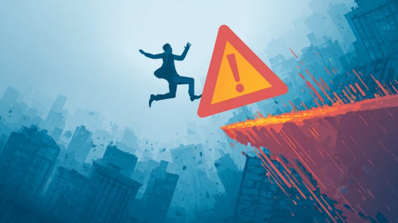 Illustration of a person jumping over a digital gap with a warning symbol in a cityscape