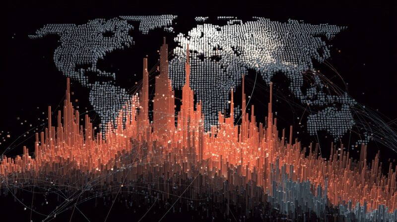 Abstract data visualization showing a world map with rising digital bars and network connections