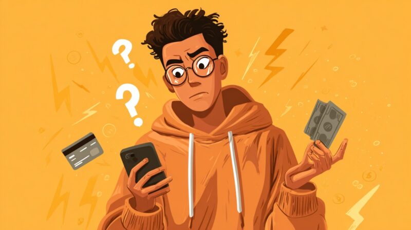 Illustration of a confused person holding a phone and cash with warning symbols around them