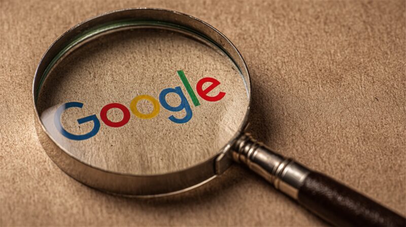 Magnifying glass placed over the Google logo on a textured surface