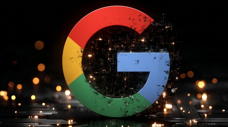 Stylized Google logo with a digital and glowing background