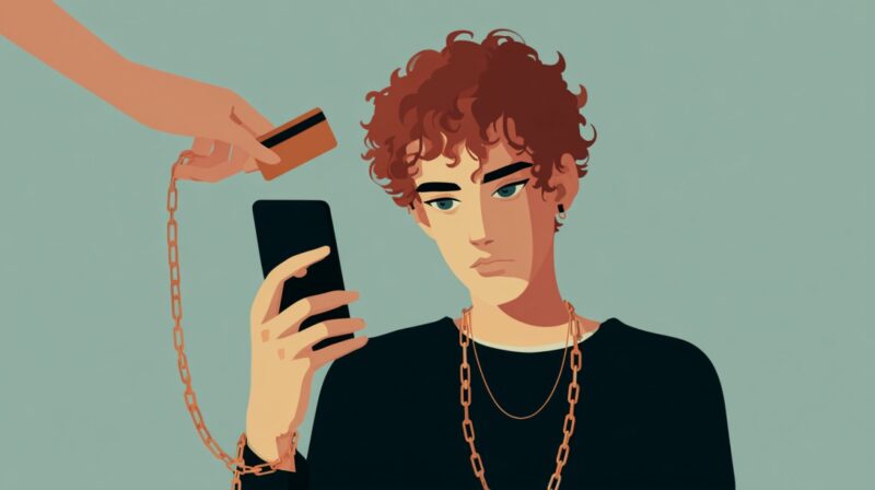 Illustrated person holding a smartphone while a chained credit card is taken away by another hand