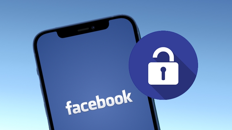 Phone showing Facebook logo with lock icon representing Facebook account security restriction