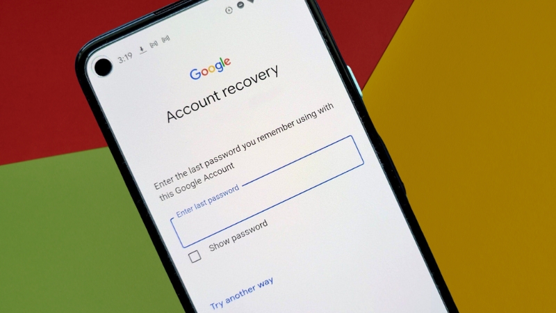 Phone screen showing the Google account recovery page asking for the last remembered password