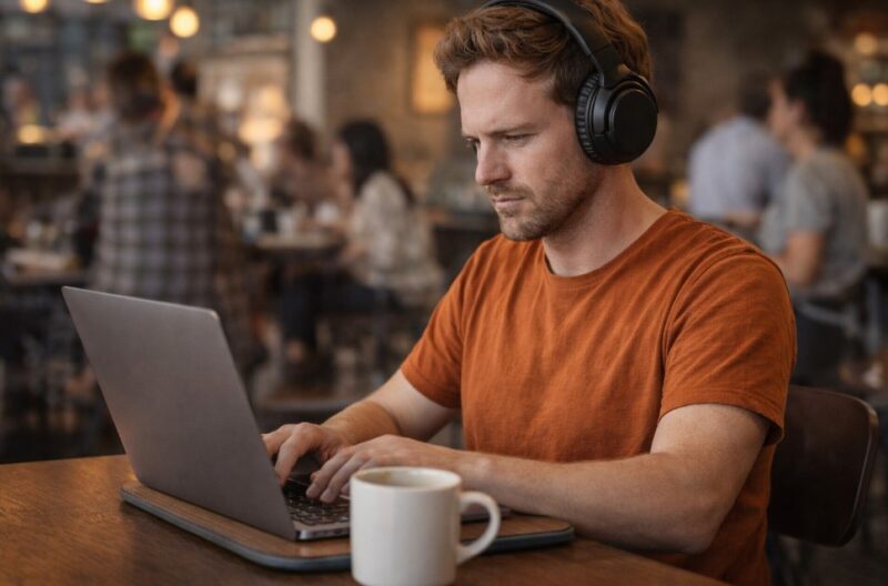 A man wearing over-ear noise-canceling headphones while working on a laptop in a busy cafe