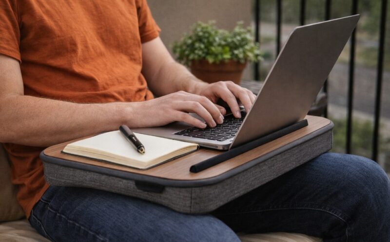 Person using a portable lap desk with a laptop and notebook while sitting comfortably outdoors