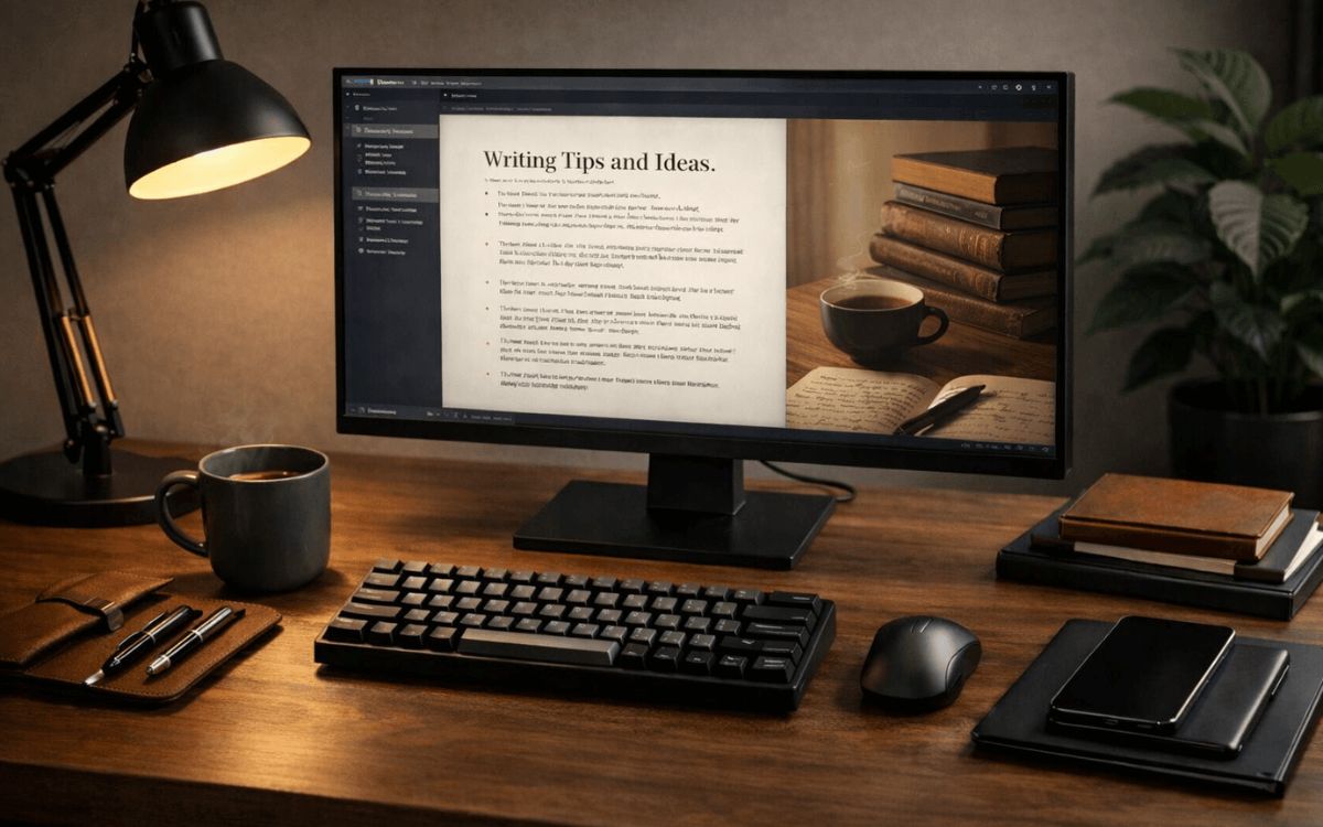 Modern writer’s workspace with a computer monitor, sleek mechanical keyboard, desk lamp, headphones, timer, coffee mug, and a leather pen case neatly arranged on a wooden desk