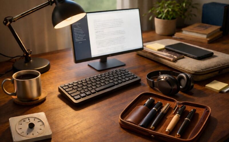 Modern writer’s workspace with a computer monitor, sleek mechanical keyboard, desk lamp, headphones, timer, coffee mug, and a leather pen case neatly arranged on a wooden desk