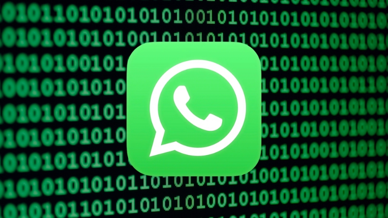 WhatsApp logo over a background of binary code, representing a WhatsApp account takeover