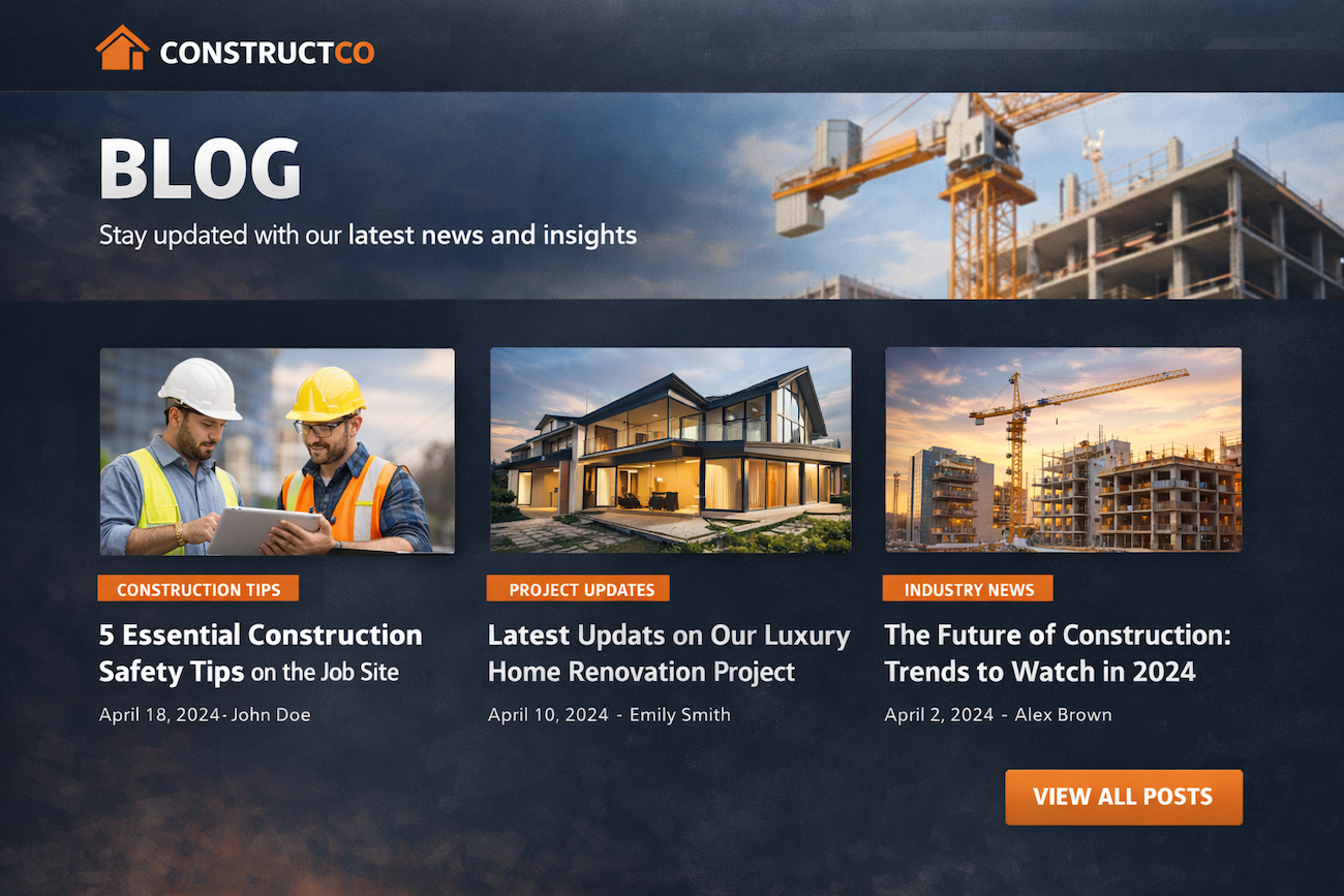 Construction company website blog section design showing three blog posts about safety tips, home renovation updates, and construction industry trends.