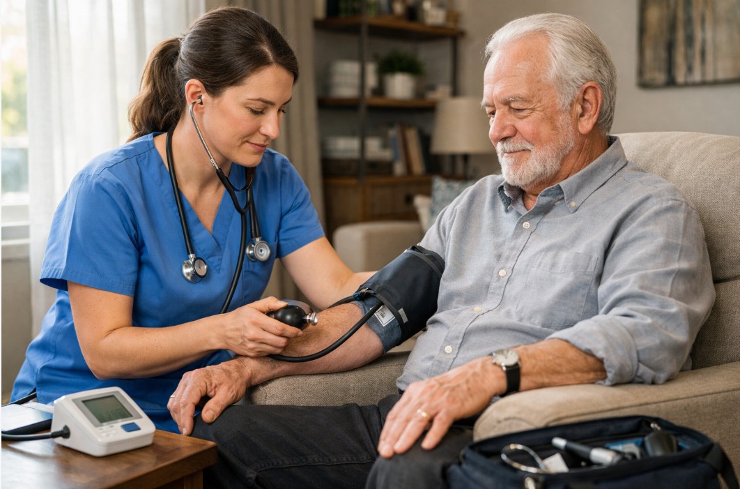 Home healthcare nurse measuring blood pressure for an elderly patient seated in a living room chair
