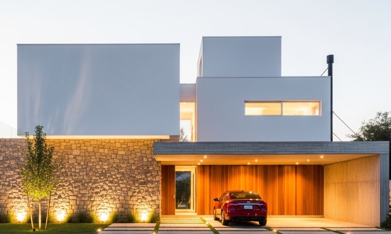 Modern house with sleek, geometric design features white cubic structures, stone facade, and wooden garage