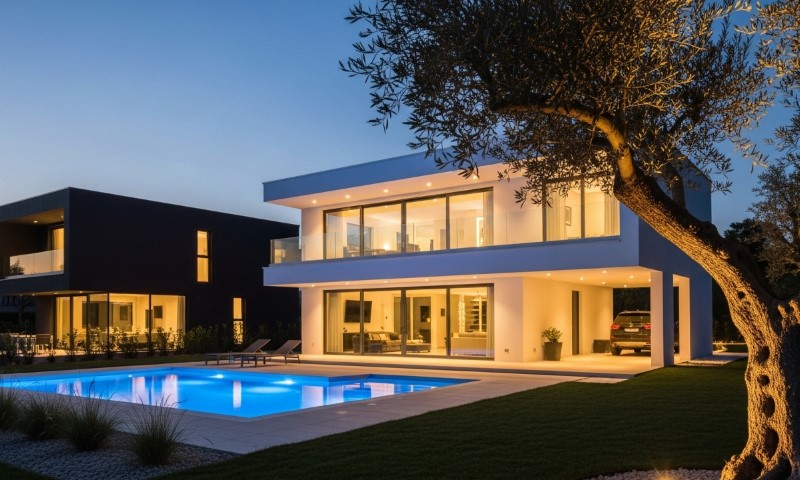 Modern two-story house at dusk with large windows, warmly illuminated interiors, a glowing pool in front