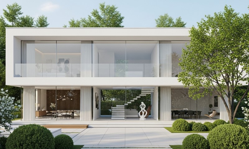 A modern two-story house with large glass windows, a central sculptural staircase, surrounded by lush greenery and manicured bushes