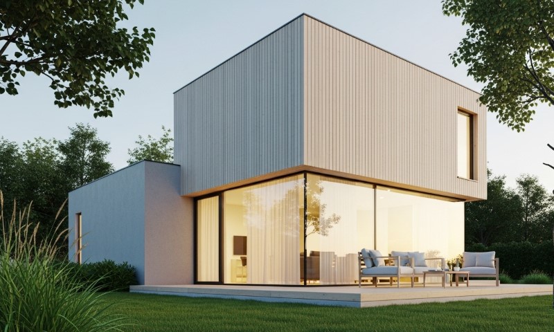 Modern minimalist house with large glass windows, flat roof, and light wood paneling, set in a lush garden at sunset