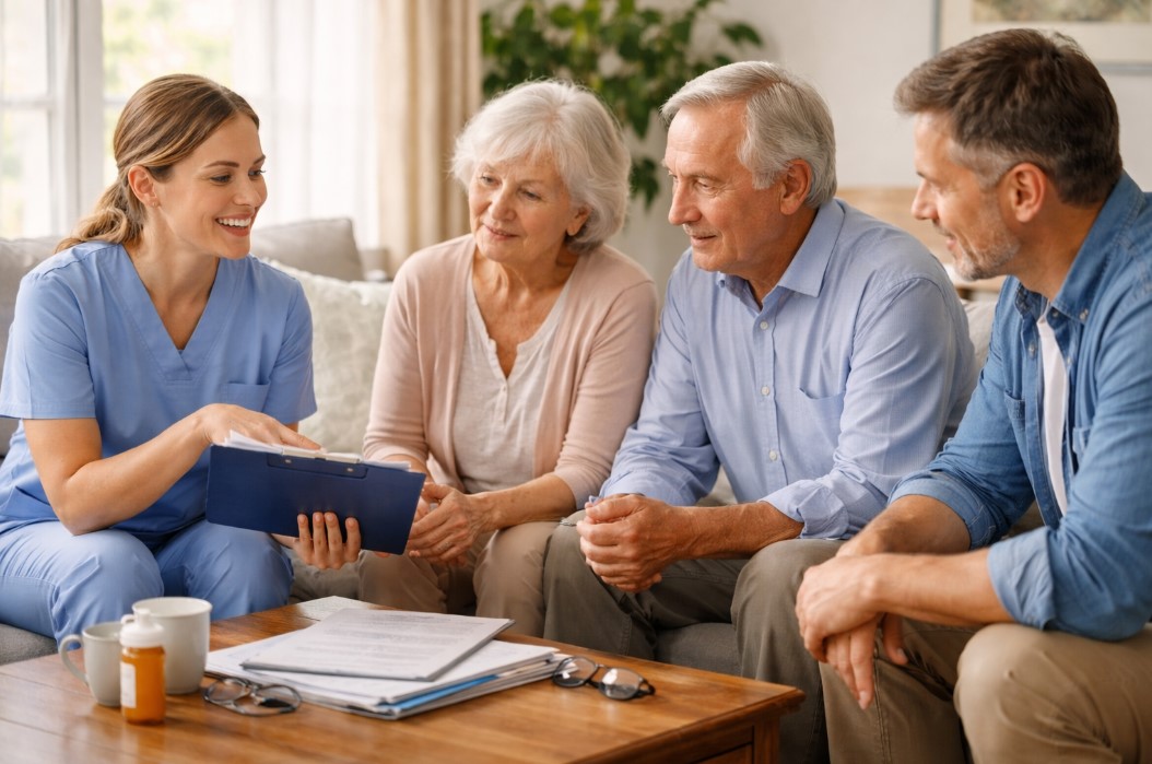Family discussing a home care plan with a professional caregiver in a living room