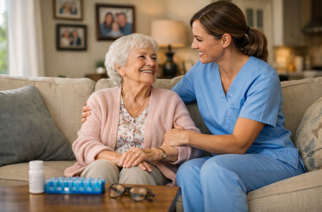 Professional in-home caregiver helping an elderly woman sit comfortably on a sofa in a bright living room
